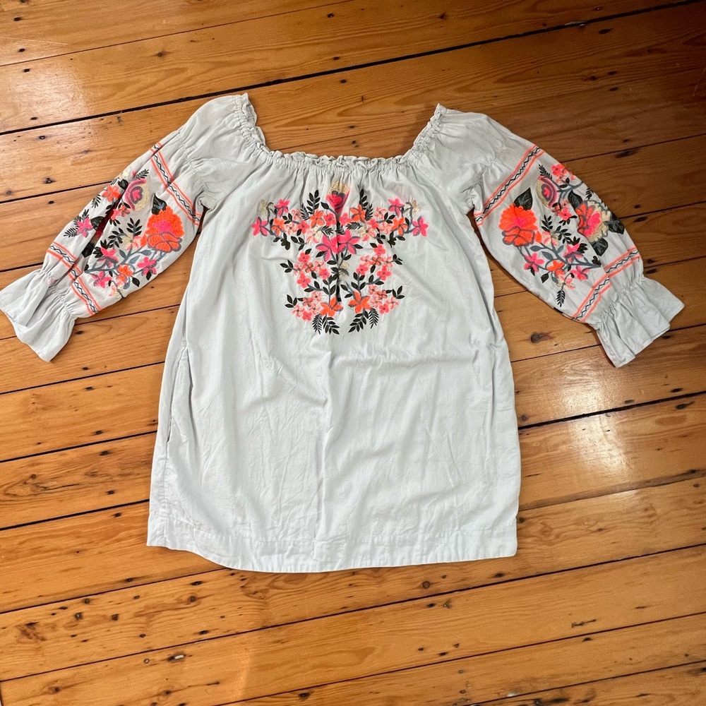 Free People Bohemian Flower Embroidered Off the Shoulder Long Sleeve Dress